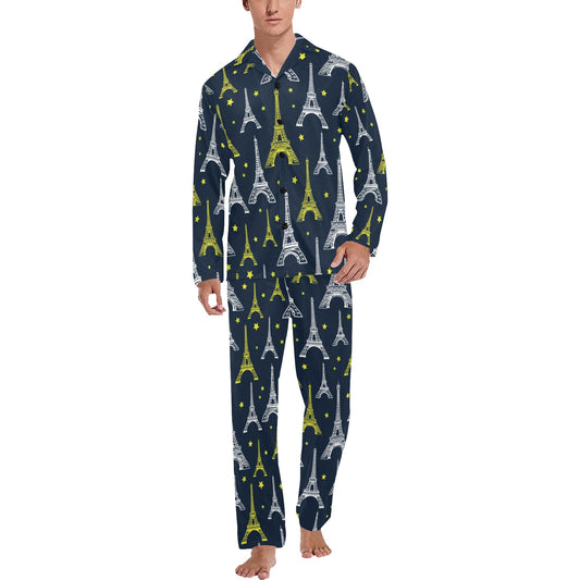 Eiffel Tower Star Print Men's Long Pajama Set