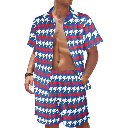 Patriotic Houndstooth Pattern Print Design A02 Men's Beach Shirt and Shorts Set