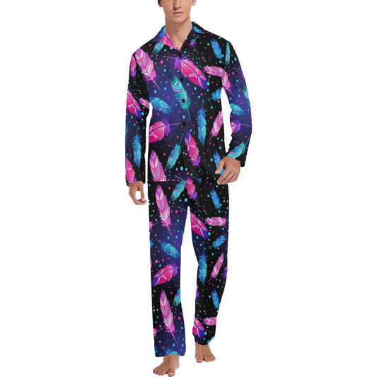Feather Colorful Boho Design Print Men's Long Pajama Set