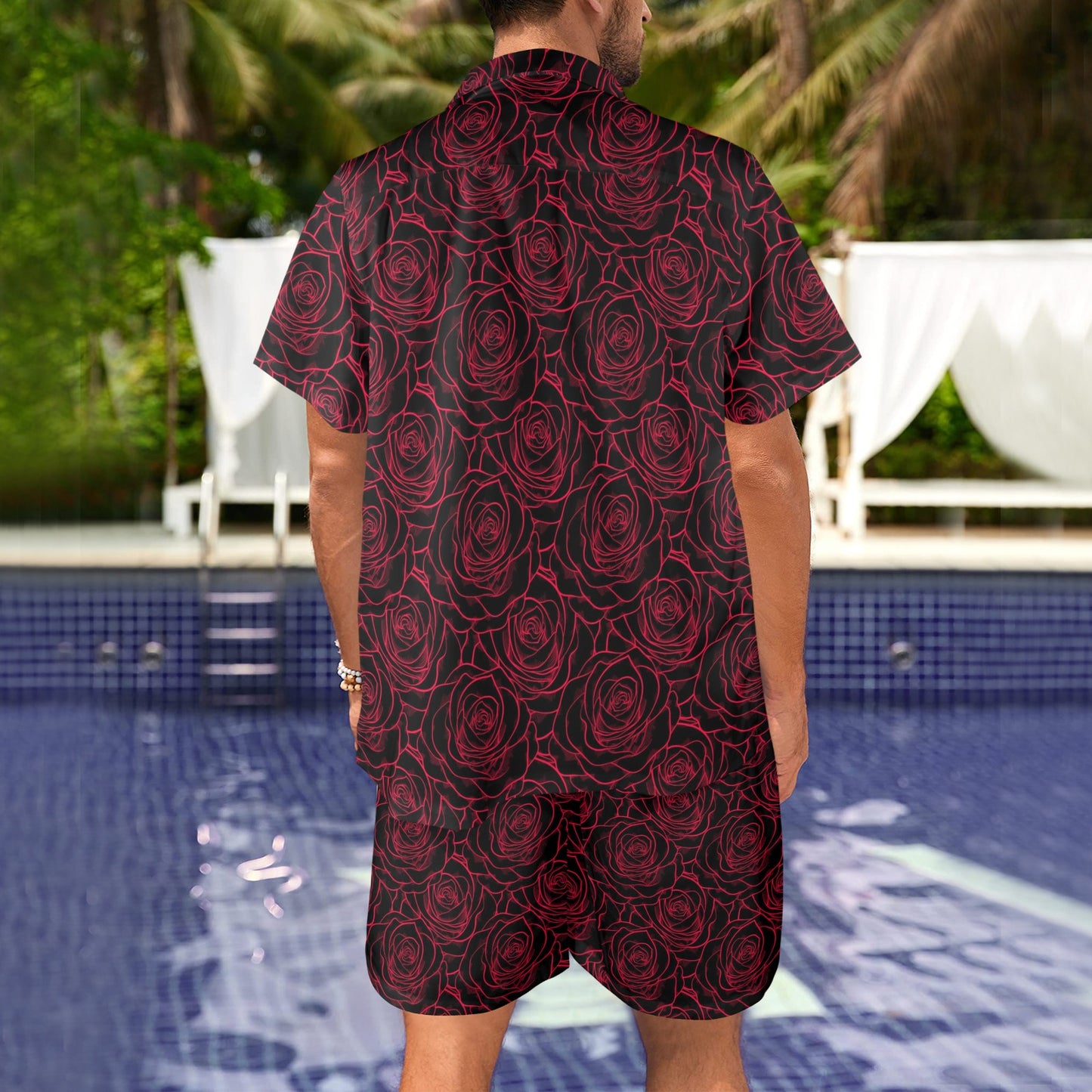 Red Rose Design Print Men's Beach Shirt and Shorts Set