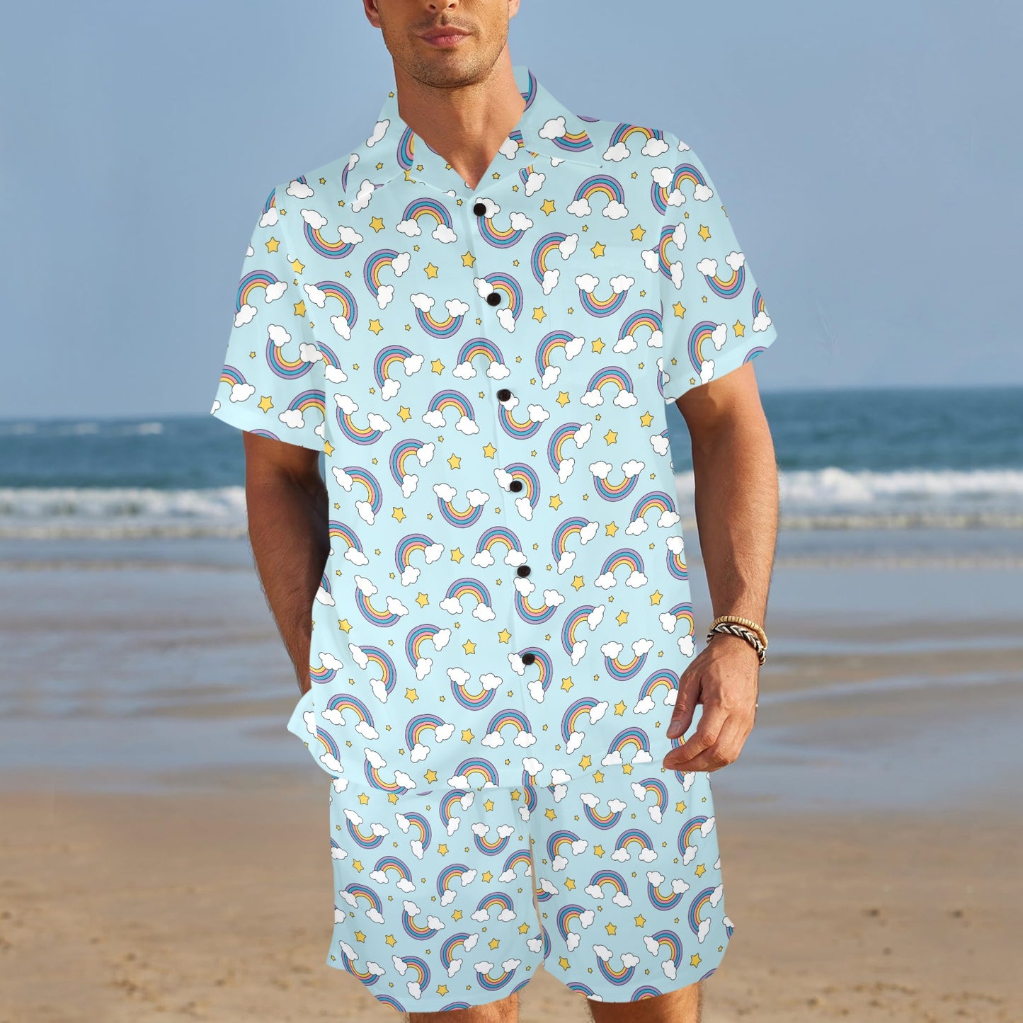 Rainbow Cloud Print Pattern Men's Beach Shirt and Shorts Set