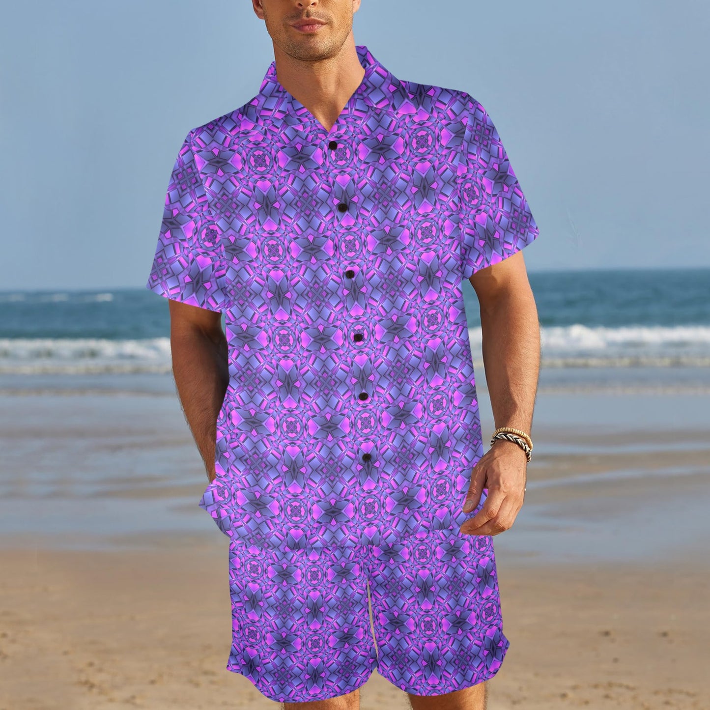 kaleidoscope Pattern Print Design Men's Beach Shirt and Shorts Set