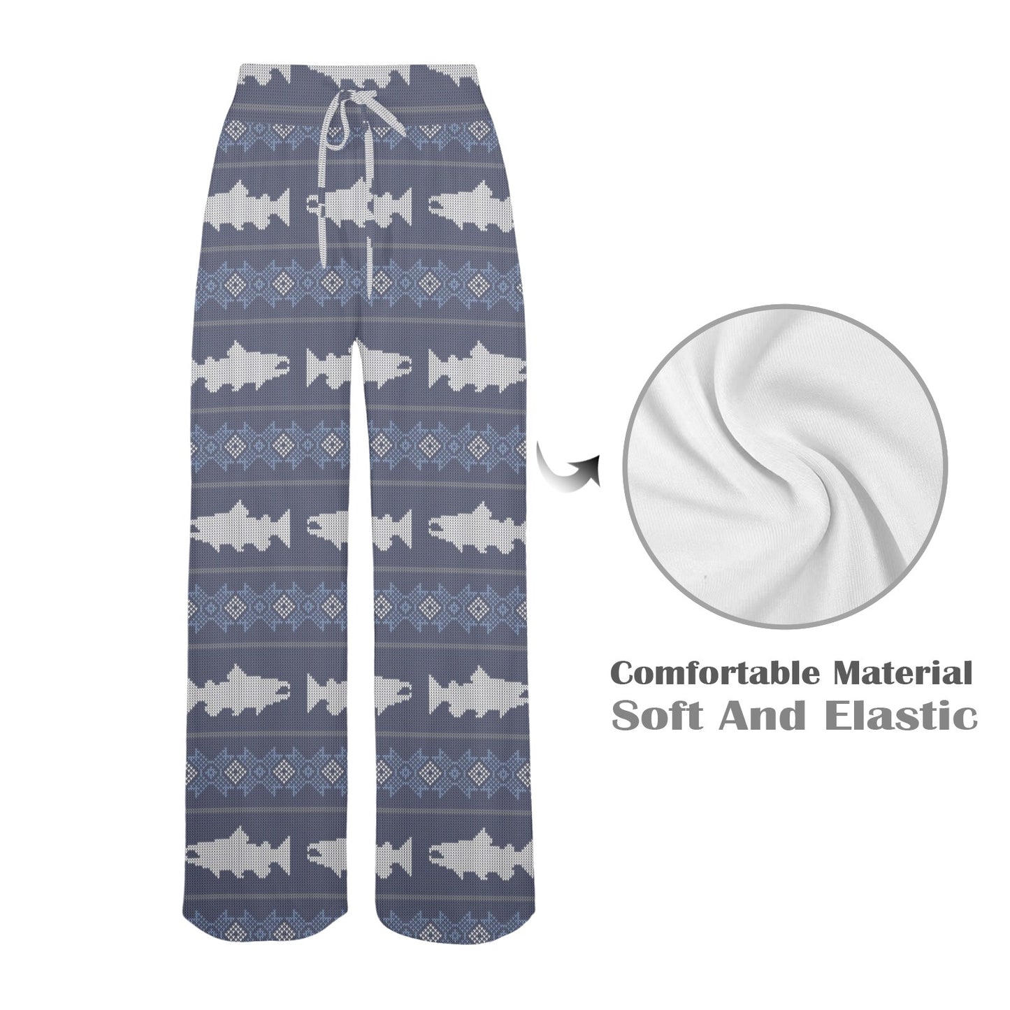 Salmon Fish Knit Style Print Design LKS304 Women's Wide Leg Lounge Pants