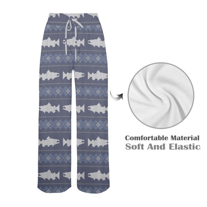 Salmon Fish Knit Style Print Design LKS304 Women's Wide Leg Lounge Pants