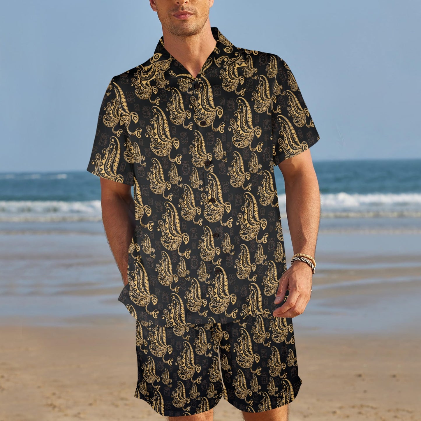 Owl Tribal Polynesian Design Print Men's Beach Shirt and Shorts Set
