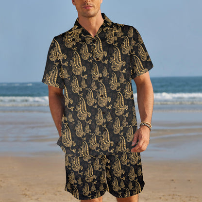 Owl Tribal Polynesian Design Print Men's Beach Shirt and Shorts Set