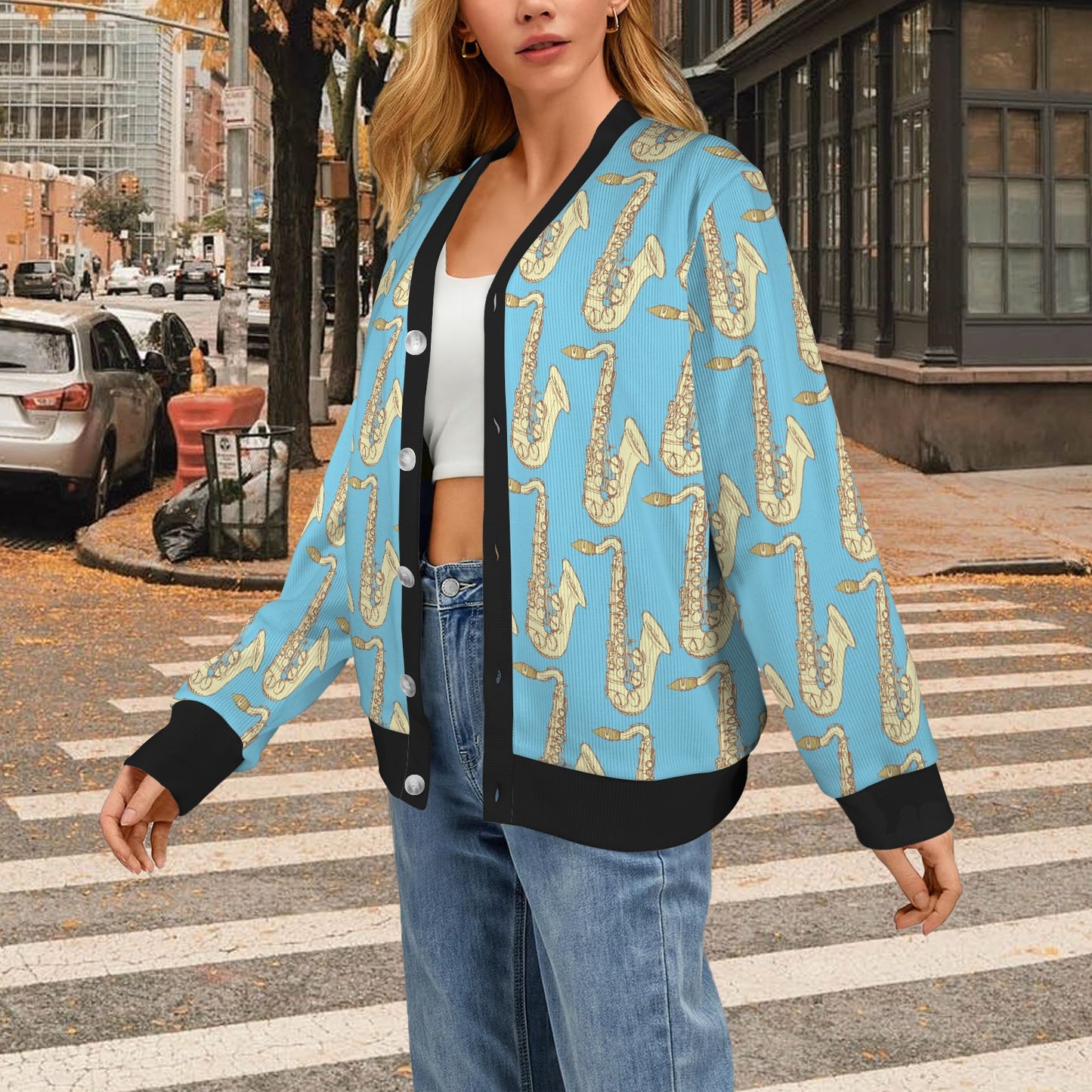 Saxophone Pattern Print Design 03 Women's Cardigan