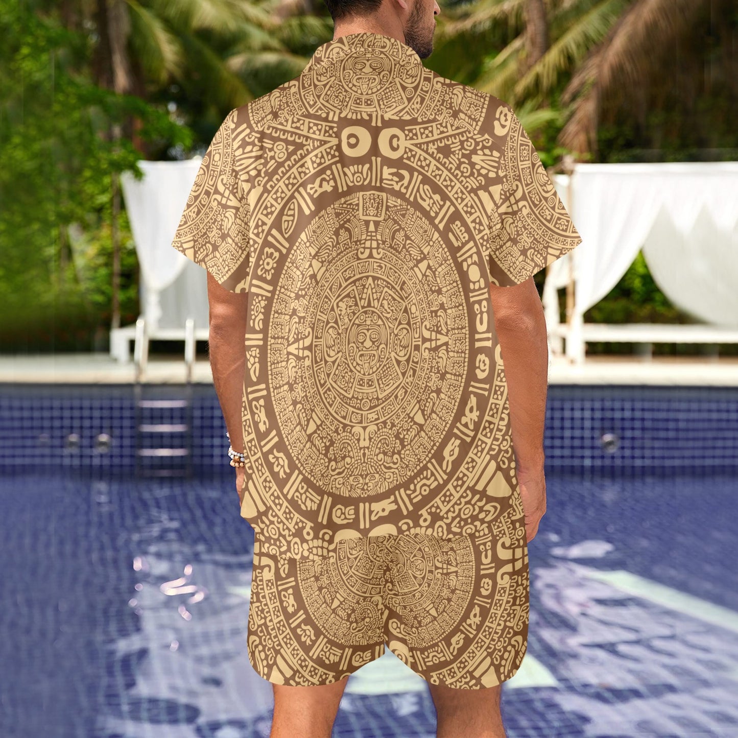 Mayan Pattern Print Design 01 Men's Beach Shirt and Shorts Set