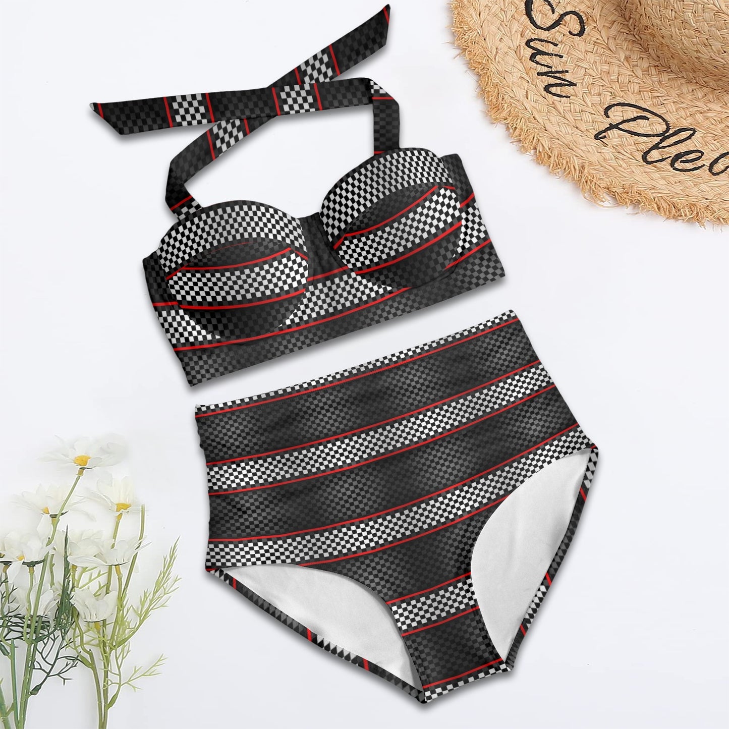 Checkered Flag Red Line Style Halter Neck Bikini Swimsuit