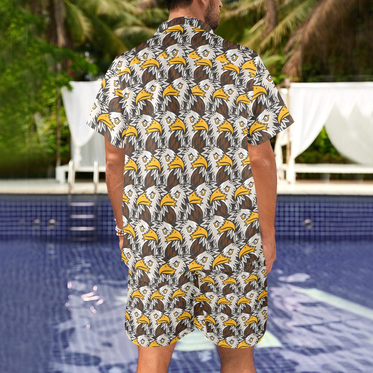 Eagles Head Pattern Men's Beach Shirt and Shorts Set