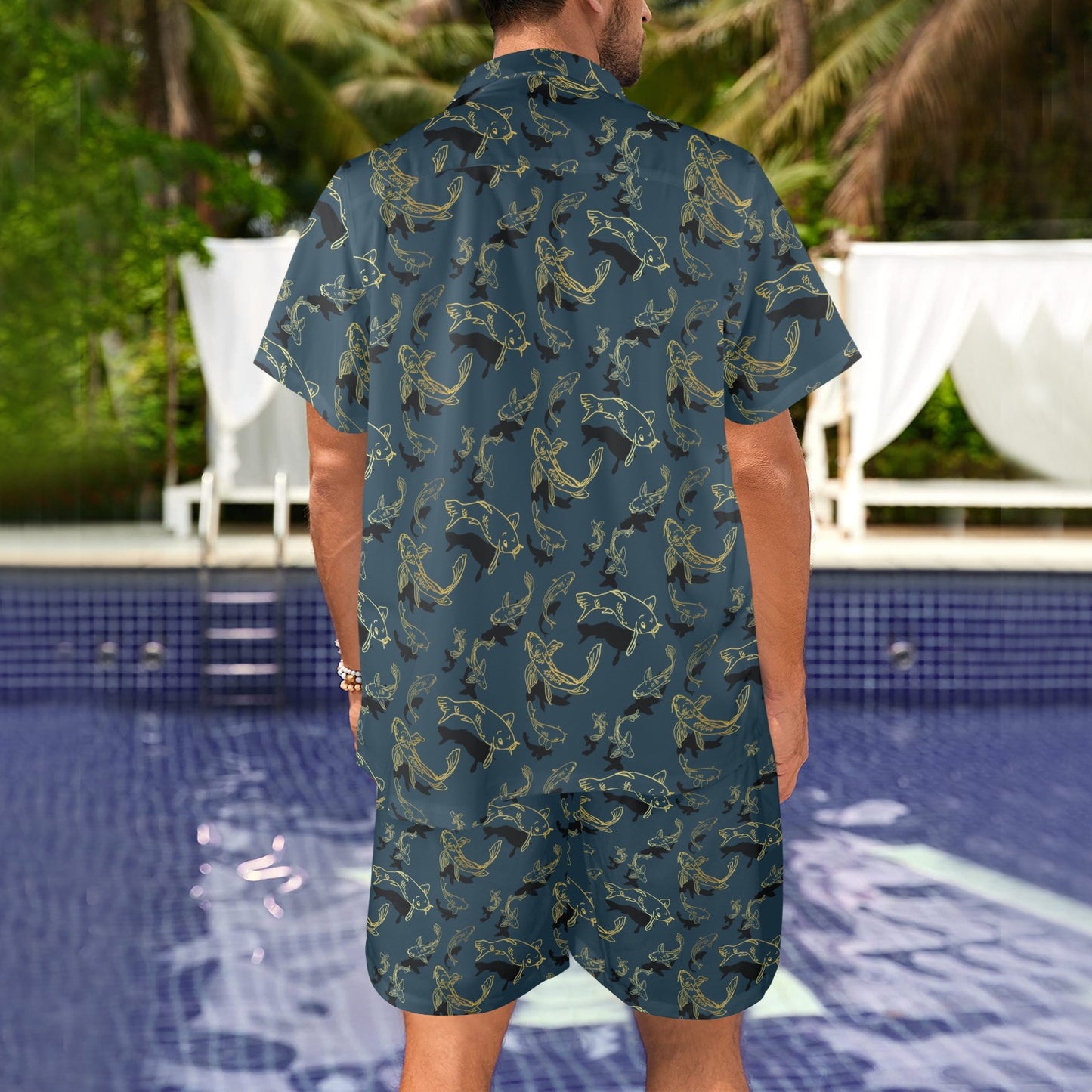 Koi Carp Gold Design Themed Print Men's Beach Shirt and Shorts Set