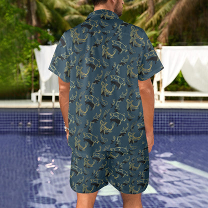 Koi Carp Gold Design Themed Print Men's Beach Shirt and Shorts Set