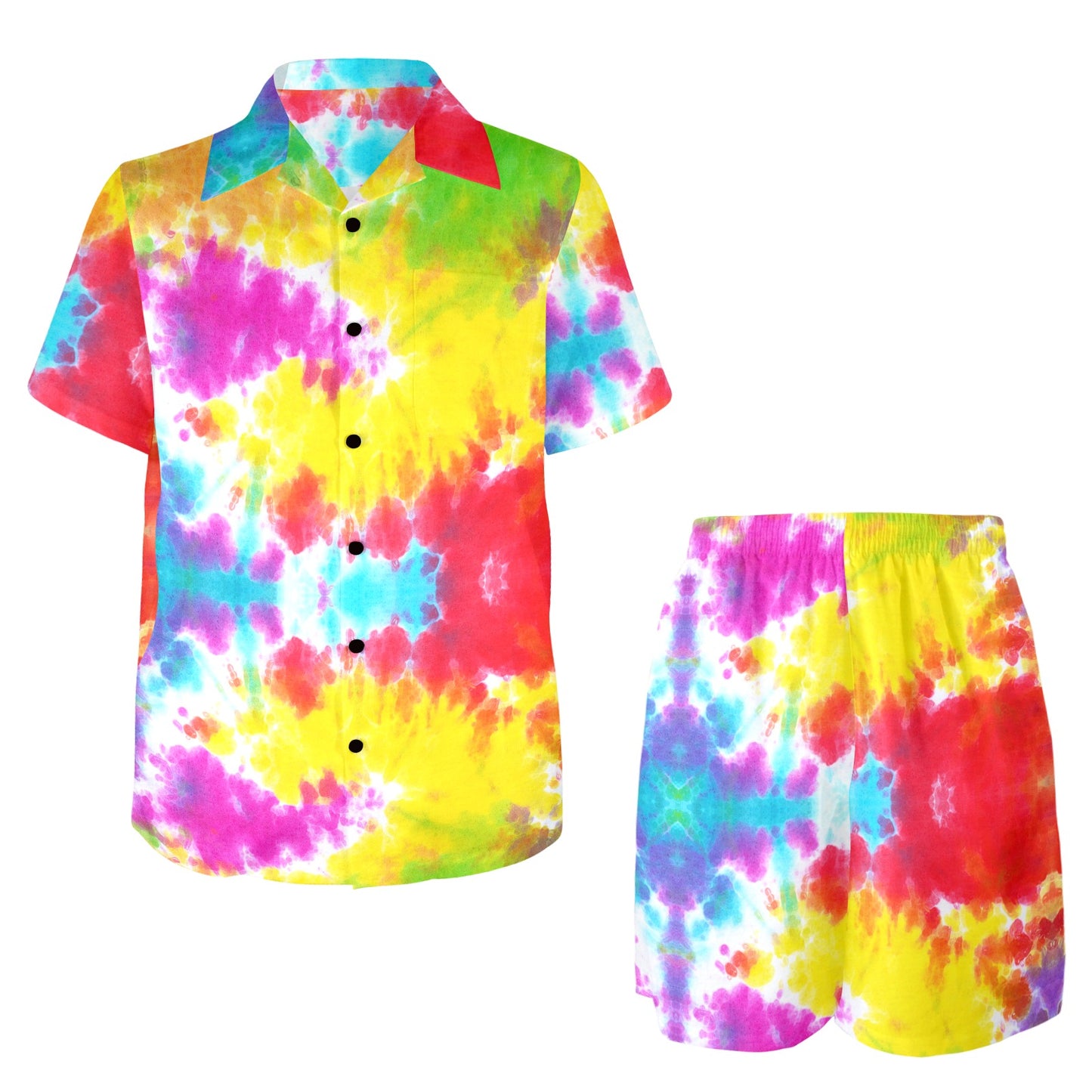 Tie Dye Rainbow Themed Print Men's Beach Shirt and Shorts Set