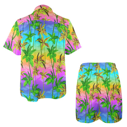 Palm Tree Rainbow Pattern Men's Beach Shirt and Shorts Set