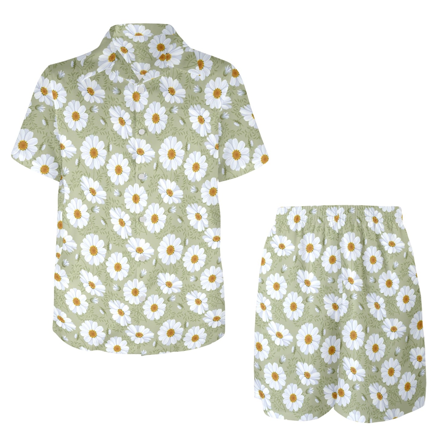Daisy Yellow Print Pattern Men's Beach Shirt and Shorts Set