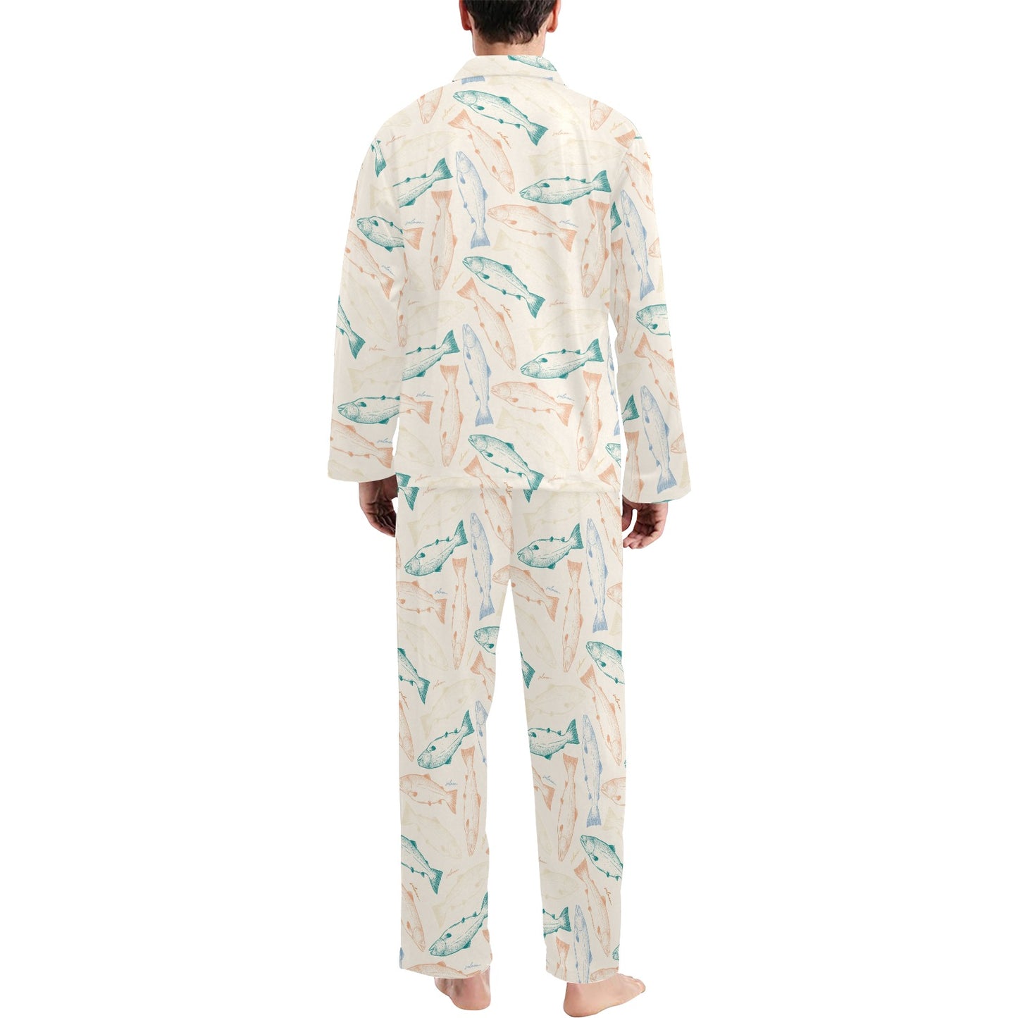 Salmon Fish Print Design LKS305 Men's Long Pajama Set