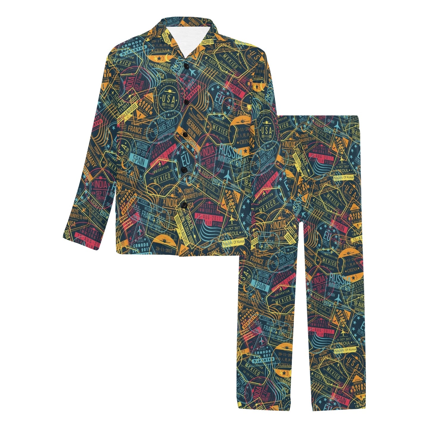 Travel Stamp Colorful Print Design LKS304 Men's Long Pajama Set