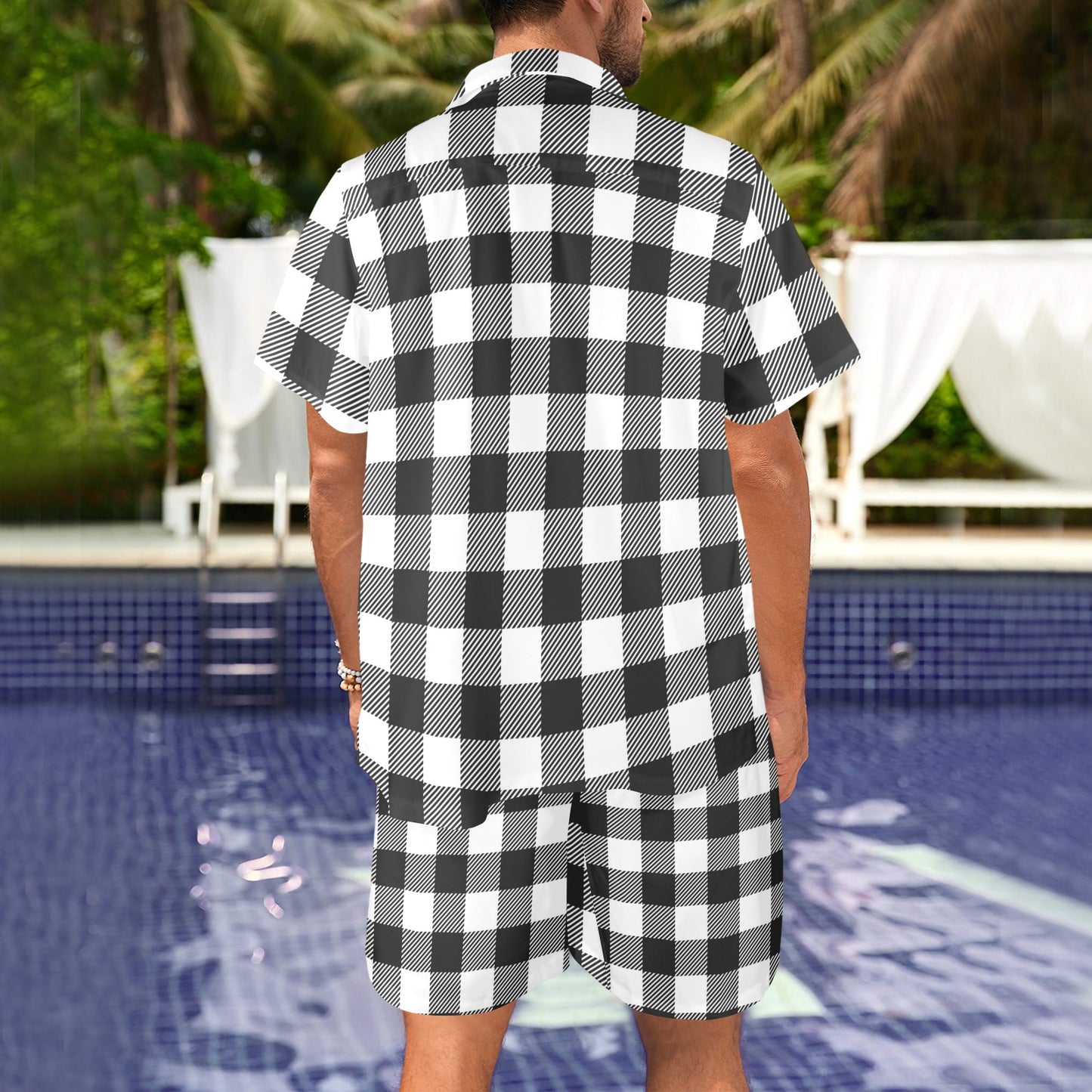 Buffalo check Black white Pattern Print Design 04 Men's Beach Shirt and Shorts Set