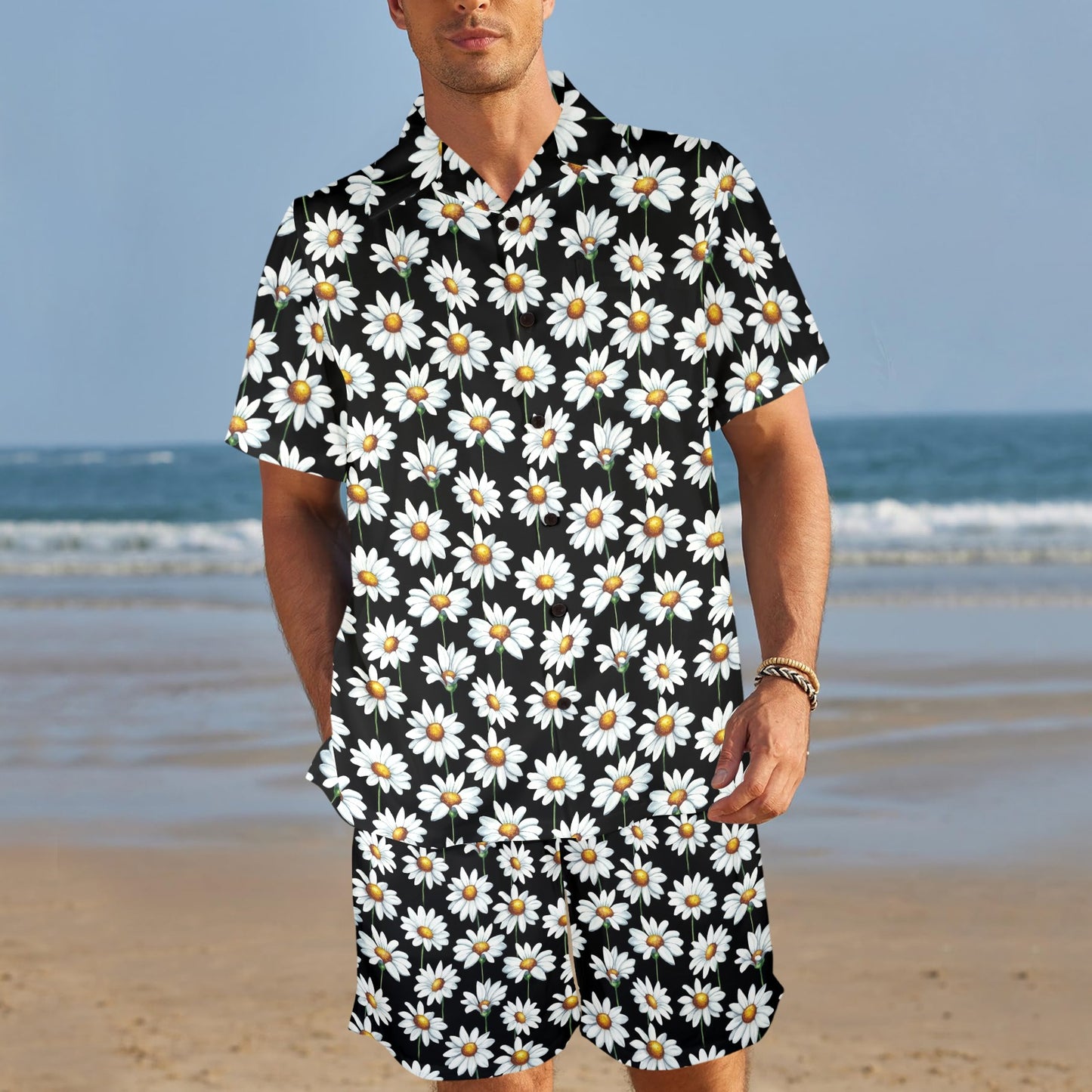 Daisy Print Pattern Men's Beach Shirt and Shorts Set