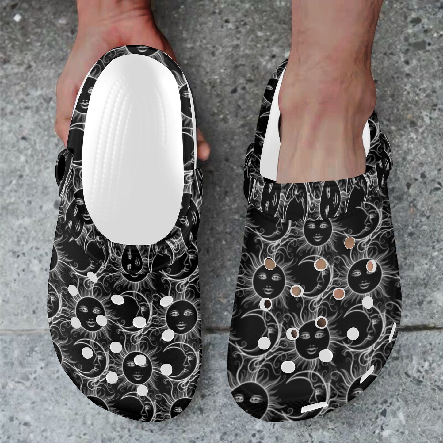 Sun Moon White Design Themed Print Unisex Clogs Shoes