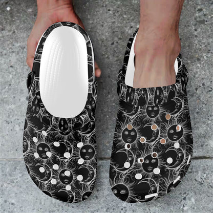 Sun Moon White Design Themed Print Unisex Clogs Shoes