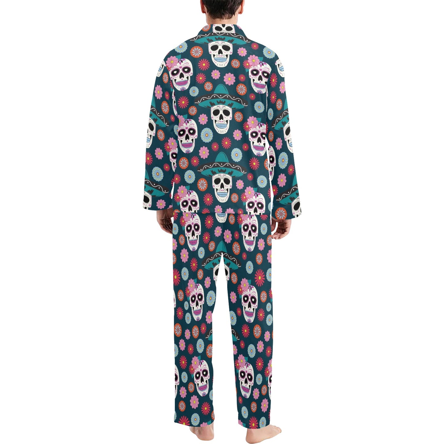 Sugar Skull Print Design LKS308 Men's Long Pajama Set