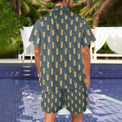 Saxophone Print Design LKS401 Men's Beach Shirt and Shorts Set