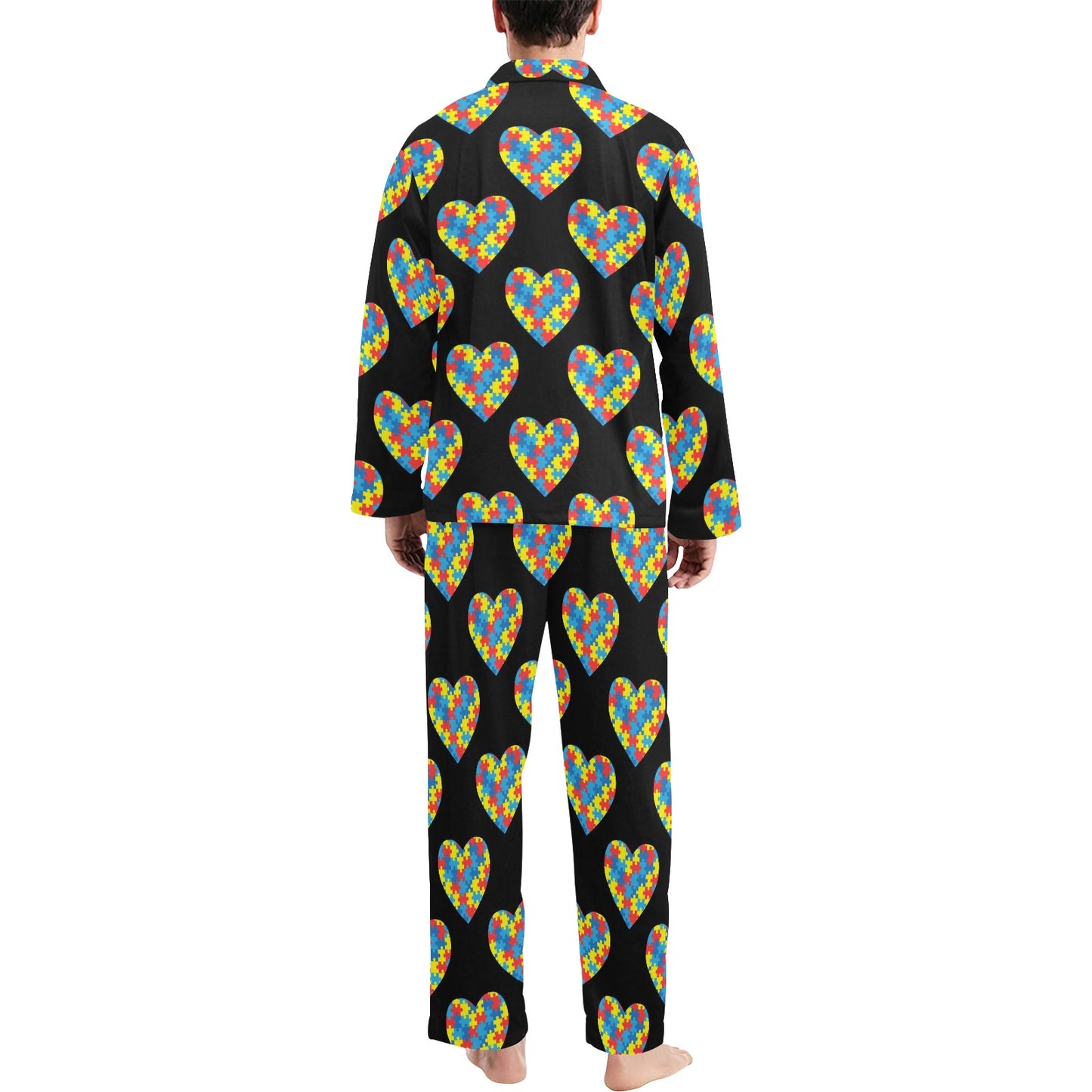 Autism Awareness Heart Design Print Men's Long Pajama Set