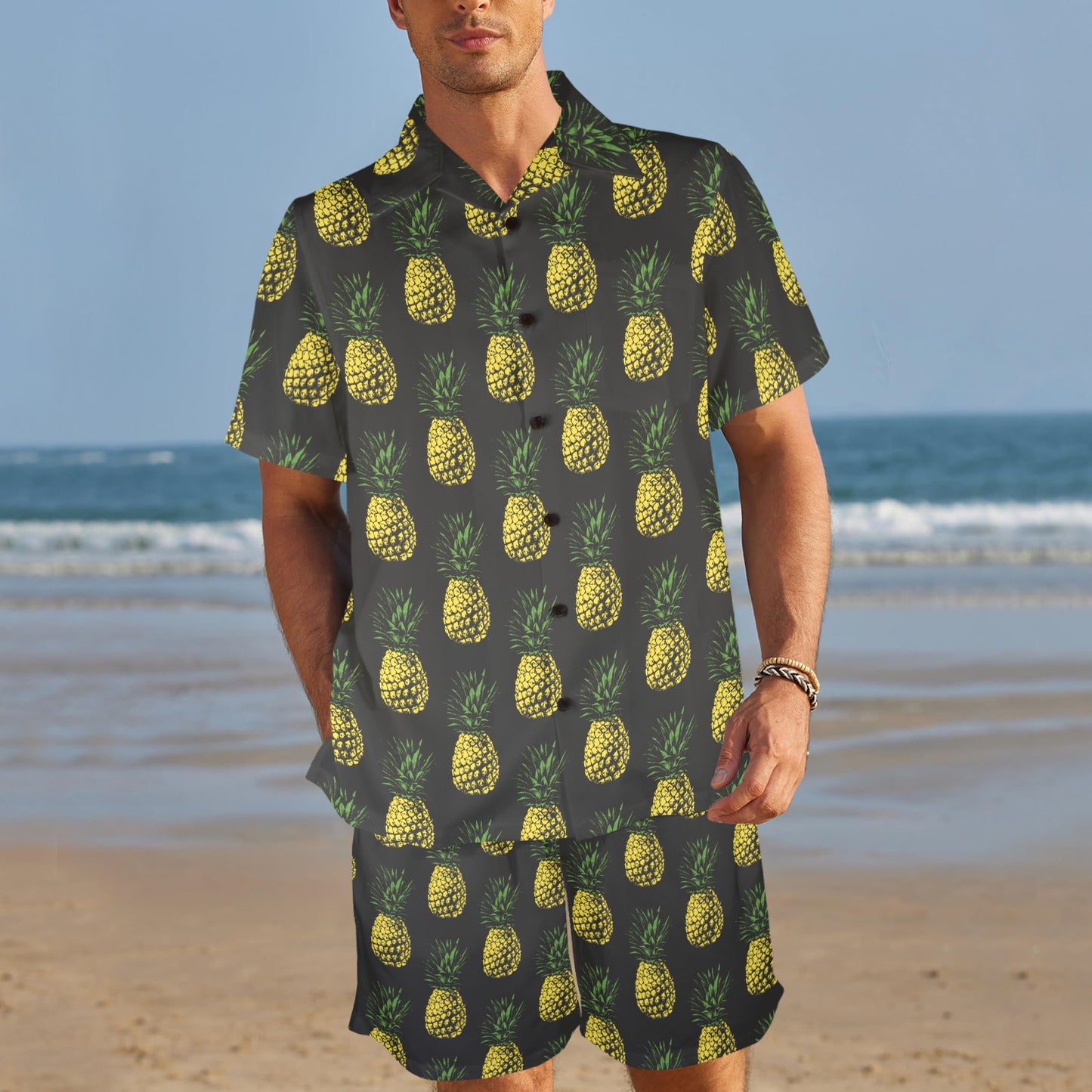 Gold Pineapple Men's Beach Shirt and Shorts Set