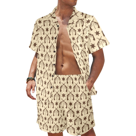 Western Cowboy Print Design LKS302 Men's Beach Shirt and Shorts Set