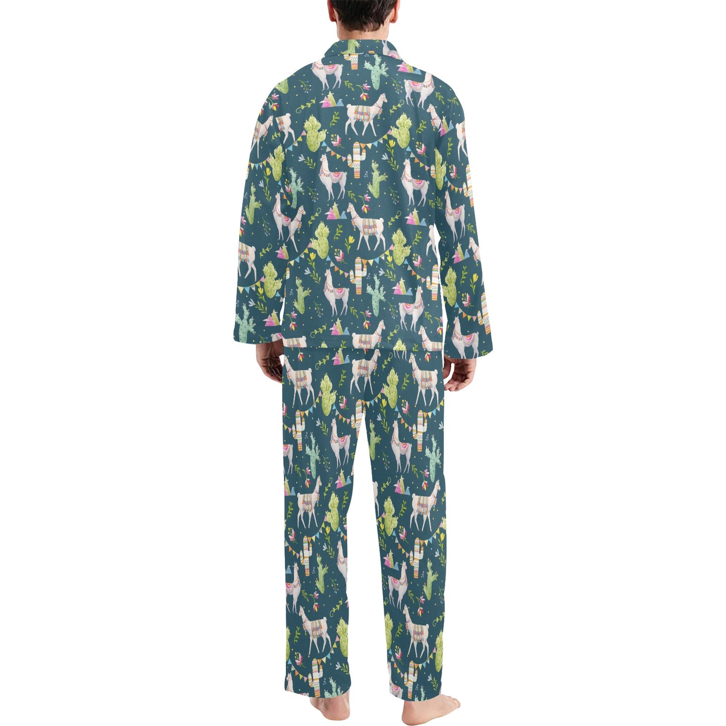 Llama with Cactus Design Print Men's Long Pajama Set