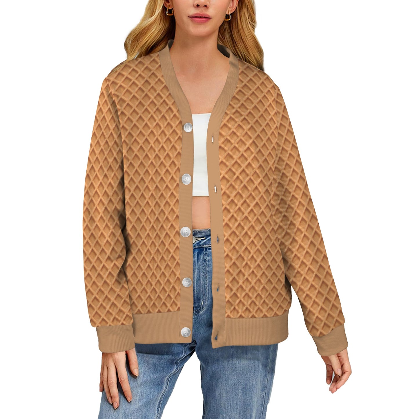 Waffle Texture Print Design LKS301 Women's Cardigan