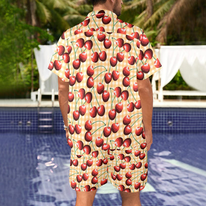 Cherry Orange Plaid Print Men's Beach Shirt and Shorts Set