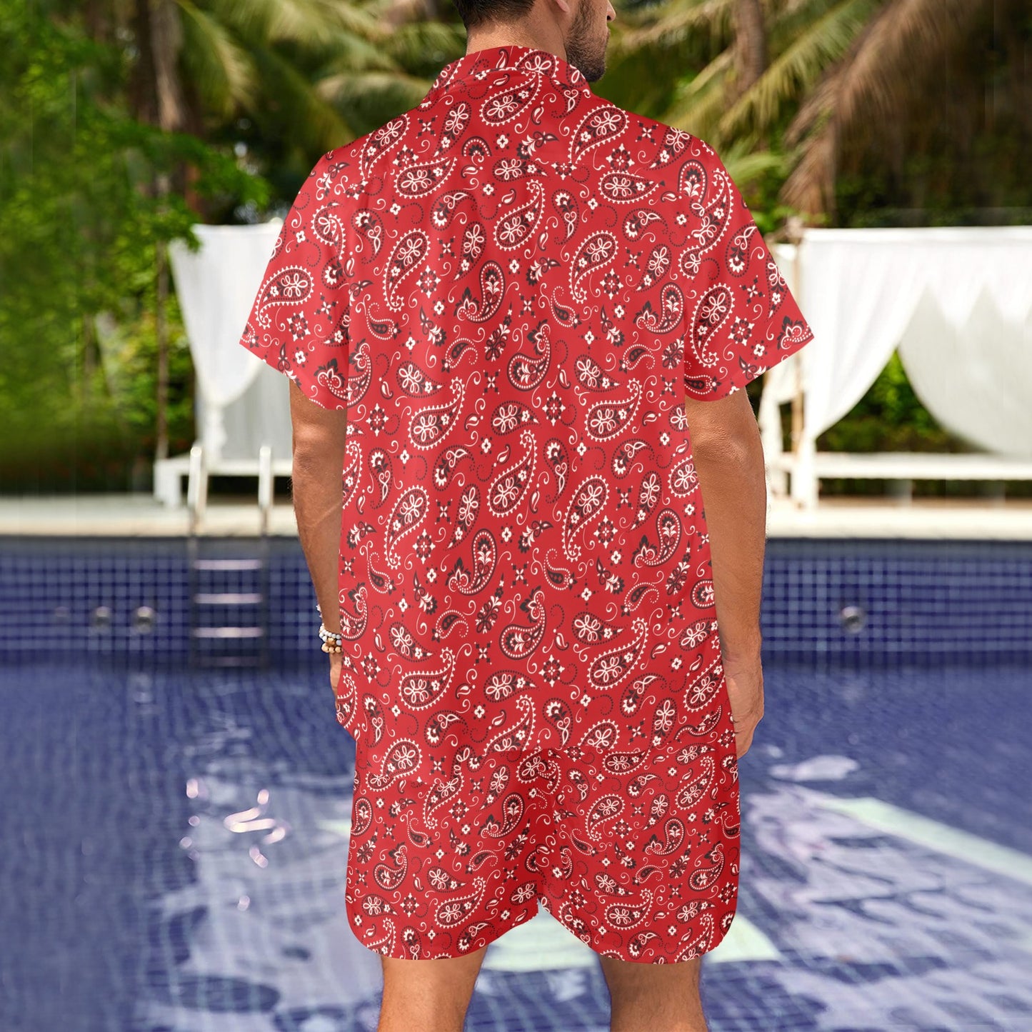 Bandana Paisley Red Print Design LKS3011 Men's Beach Shirt and Shorts Set