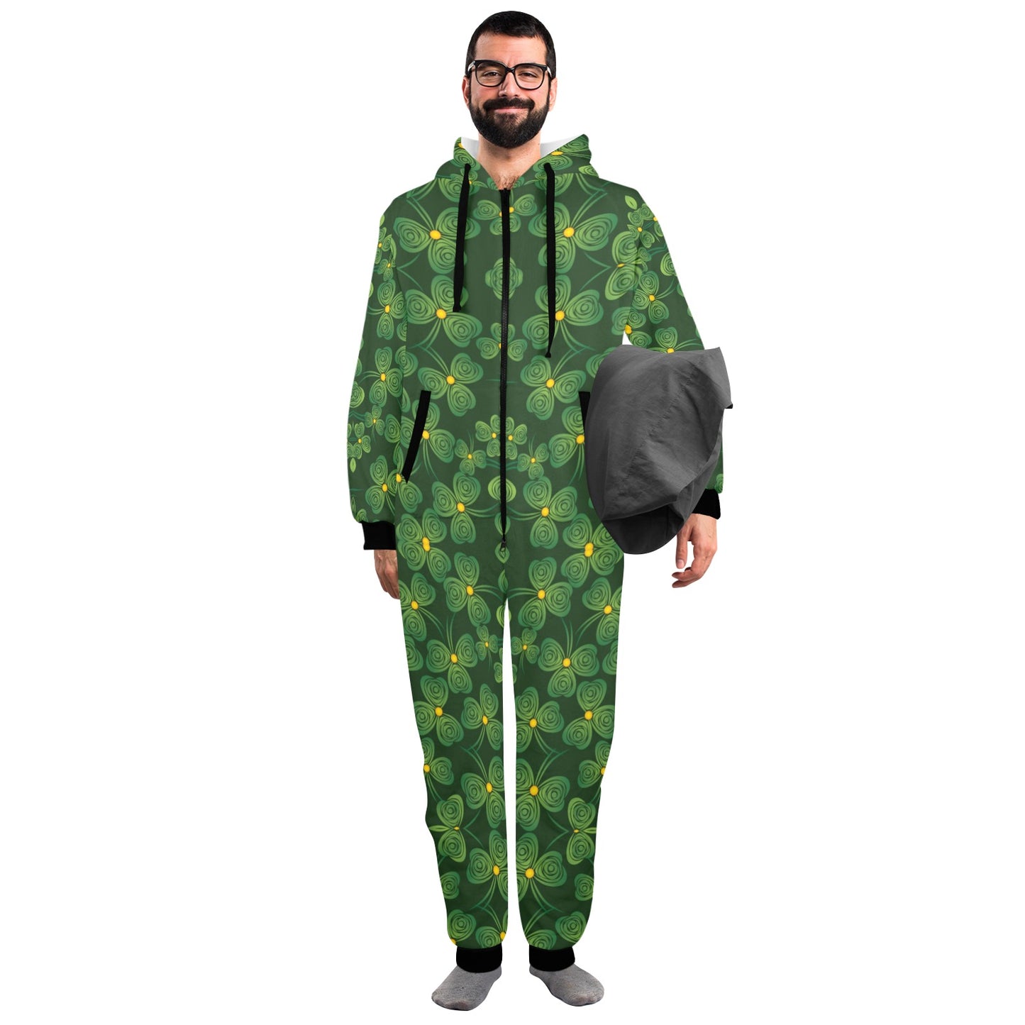 Shamrock Pattern Hooded Fleece Onesie Pajama Jumpsuit
