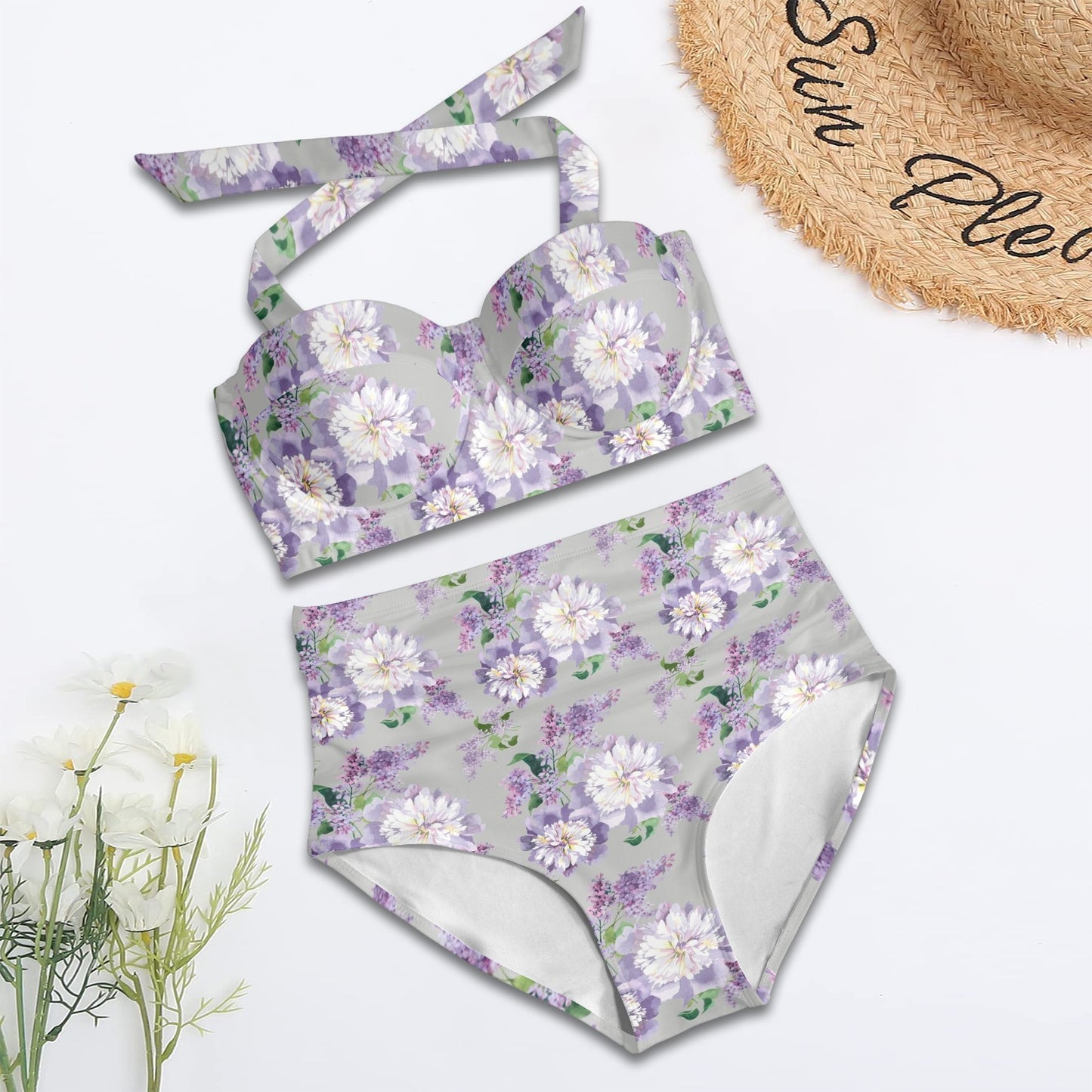 Lilac Pattern Print Design LI07 Halter Neck Bikini Swimsuit