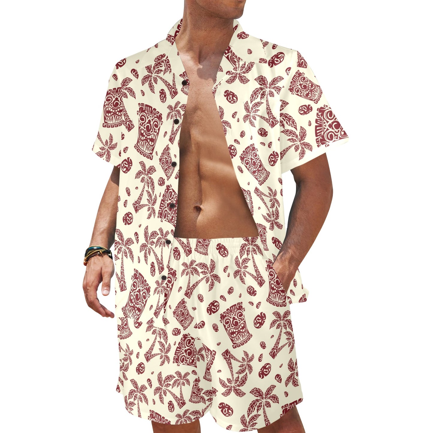 Tiki Tribal Mask Palm Tree Men's Beach Shirt and Shorts Set