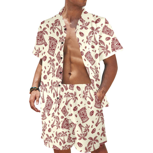 Tiki Tribal Mask Palm Tree Men's Beach Shirt and Shorts Set