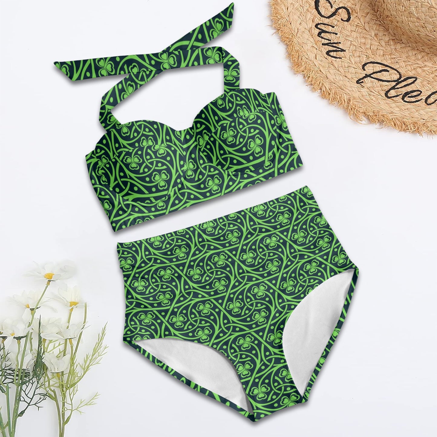 Shamrock Themed Print Halter Neck Bikini Swimsuit