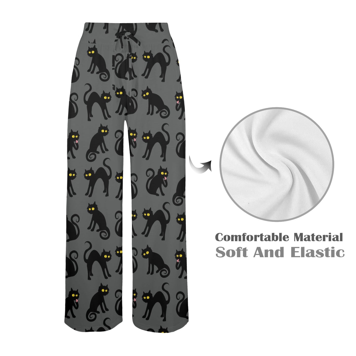 Black Cat Cute Print Pattern Women's Wide Leg Lounge Pants