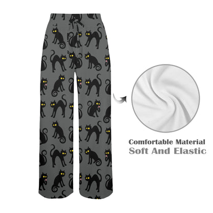 Black Cat Cute Print Pattern Women's Wide Leg Lounge Pants