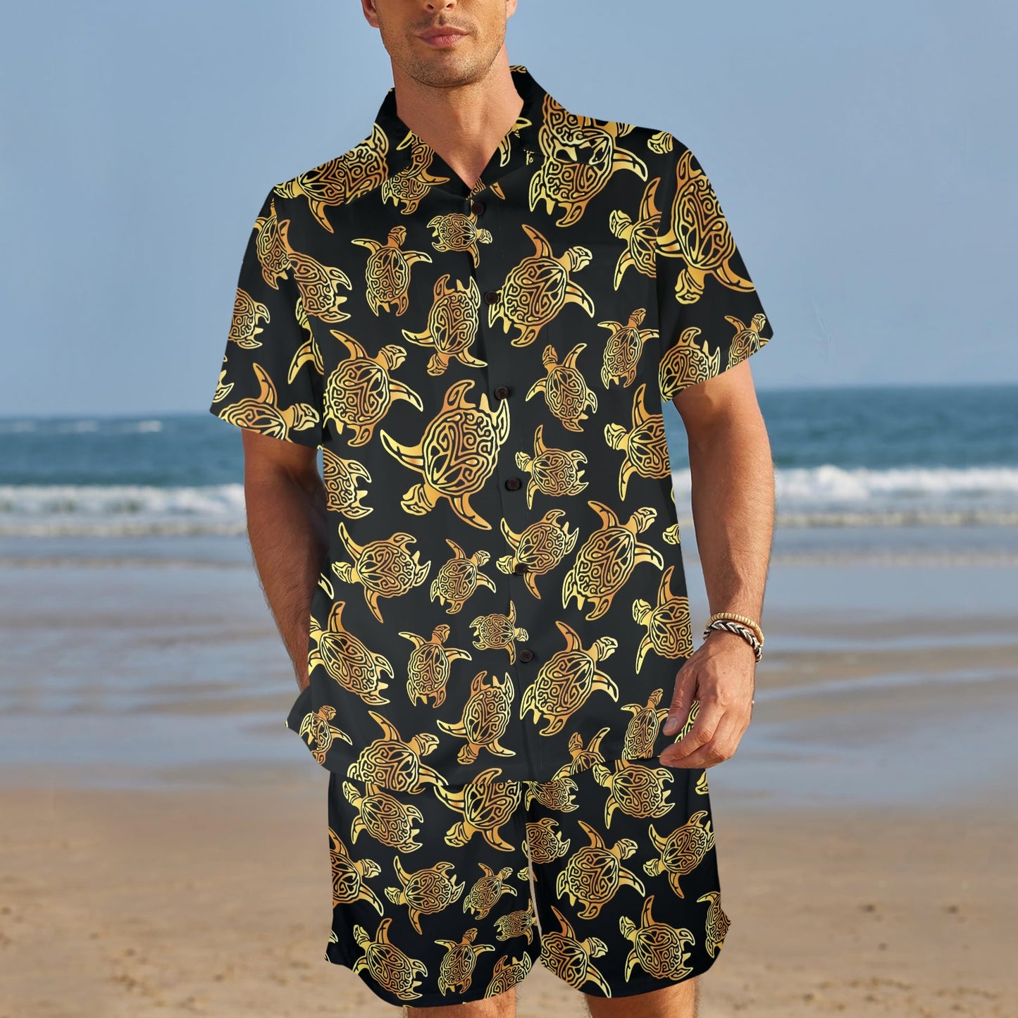 Gold Tribal Turtle Polynesian Themed Men's Beach Shirt and Shorts Set