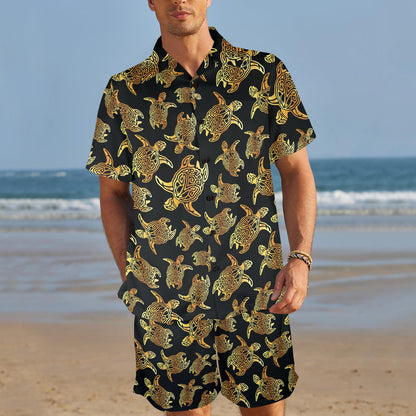 Gold Tribal Turtle Polynesian Themed Men's Beach Shirt and Shorts Set