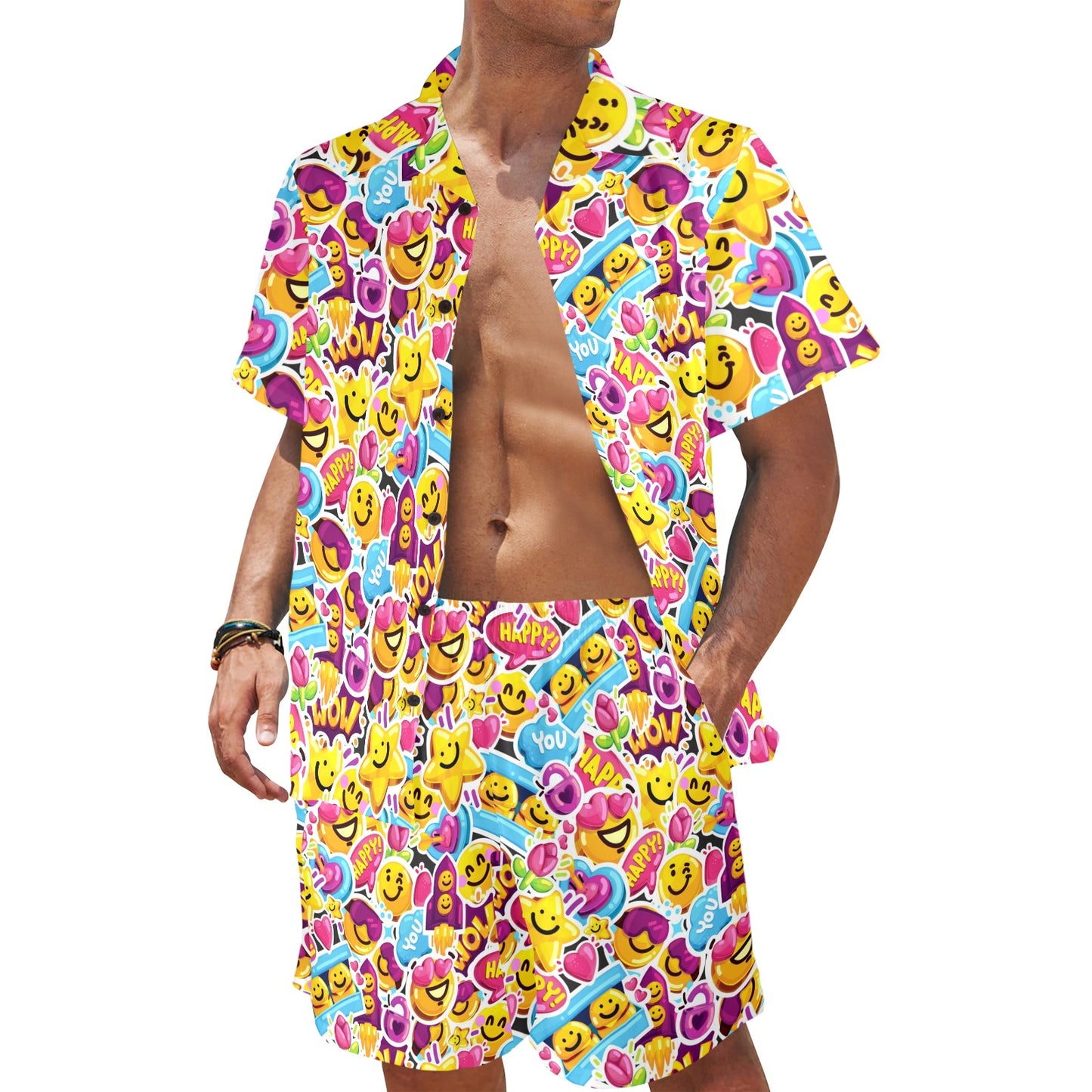 Emoji Sticker Print Pattern Men's Beach Shirt and Shorts Set