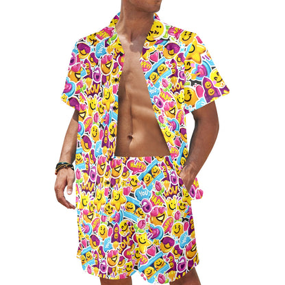 Emoji Sticker Print Pattern Men's Beach Shirt and Shorts Set