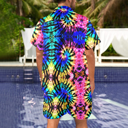 Tie Dye Rainbow Design Print Men's Beach Shirt and Shorts Set