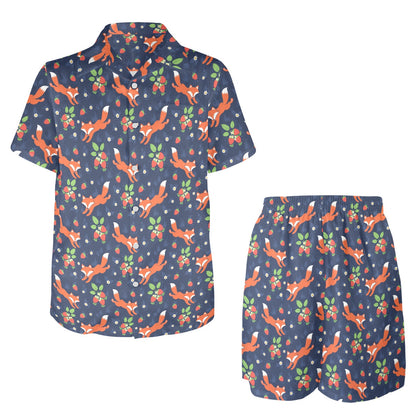 Fox Strawberry Print Pattern Men's Beach Shirt and Shorts Set
