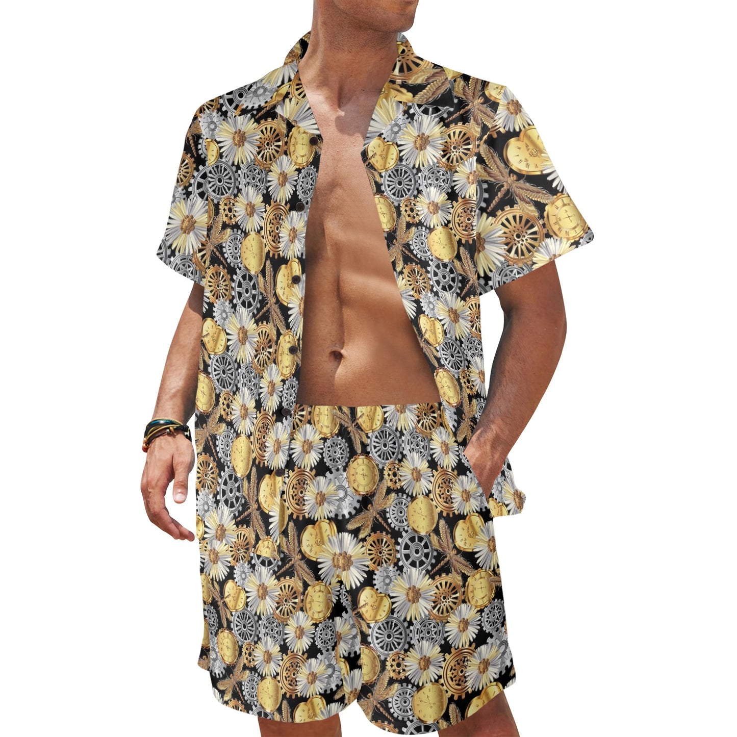 Steampunk Dragonfly Print Design LKS302 Men's Beach Shirt and Shorts Set
