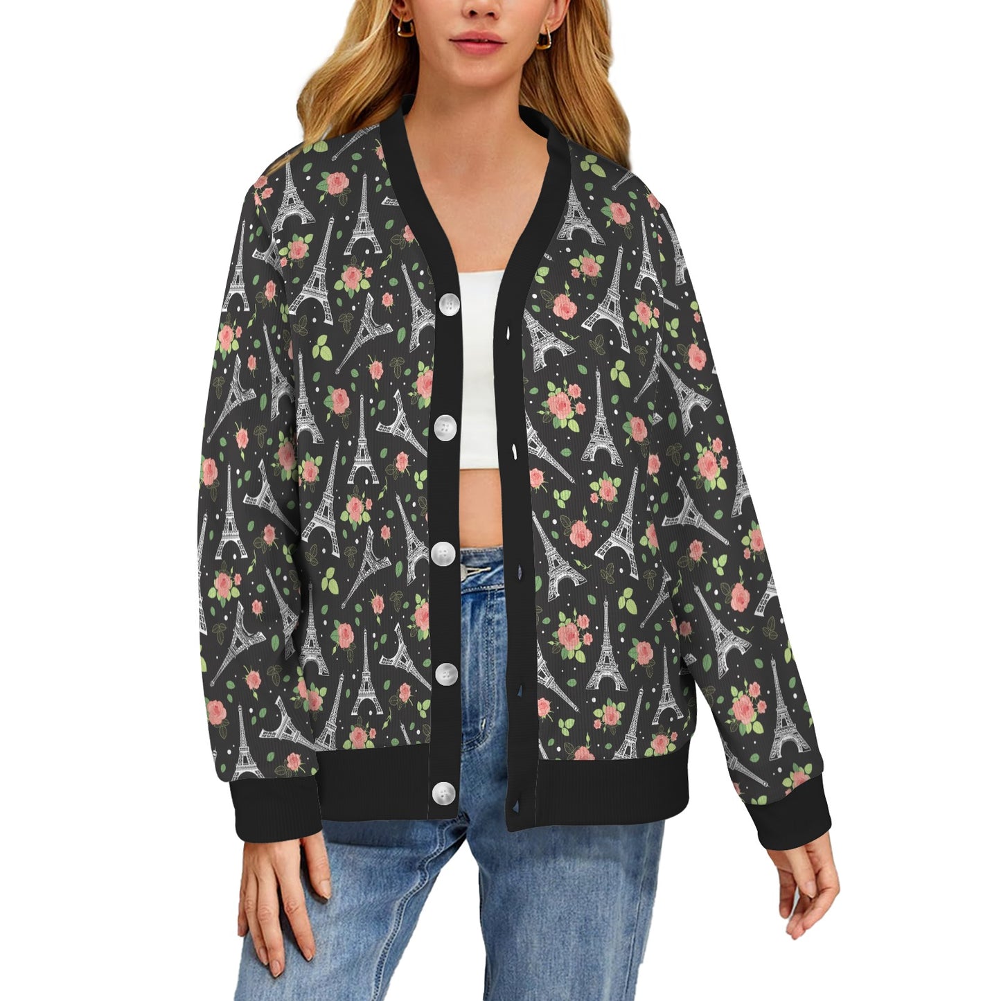 Eiffel Tower Rose Print Women's Cardigan