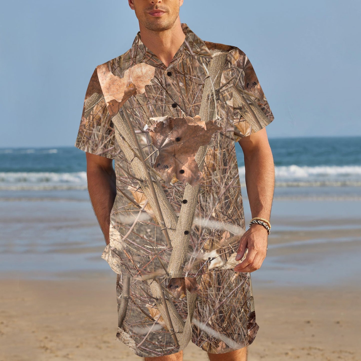 Camo Realistic Tree Forest Autumn Print Men's Beach Shirt and Shorts Set